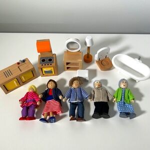 Melissa & Doug/ Hape Wood Dolls and Hape Assorted Wood Furniture Set of 12 (18B)